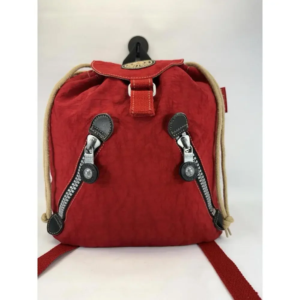 VINTAGE 90s Kipling Red Crinkle Nylon Backpack Rucksack Y2K Small Drawstring